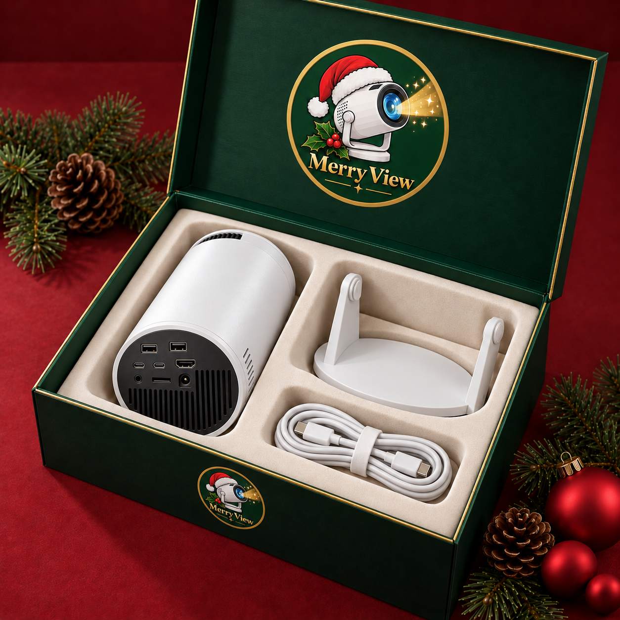 Merry View projector, stand and cable presented in its green gift box